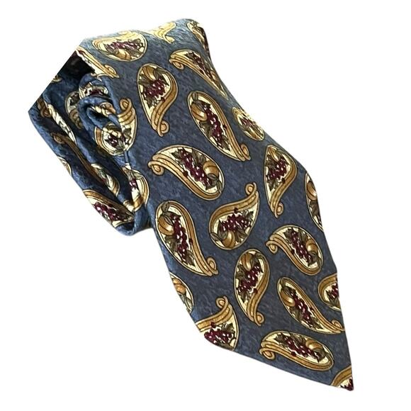Burberry's Vintage Blue Silk Tie with paisley fruit pattern hand sewn in the USA - Picture 1 of 10